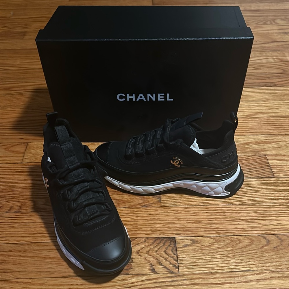 Chanel Quilted Black Velvet Calfskin Sneakers size 36